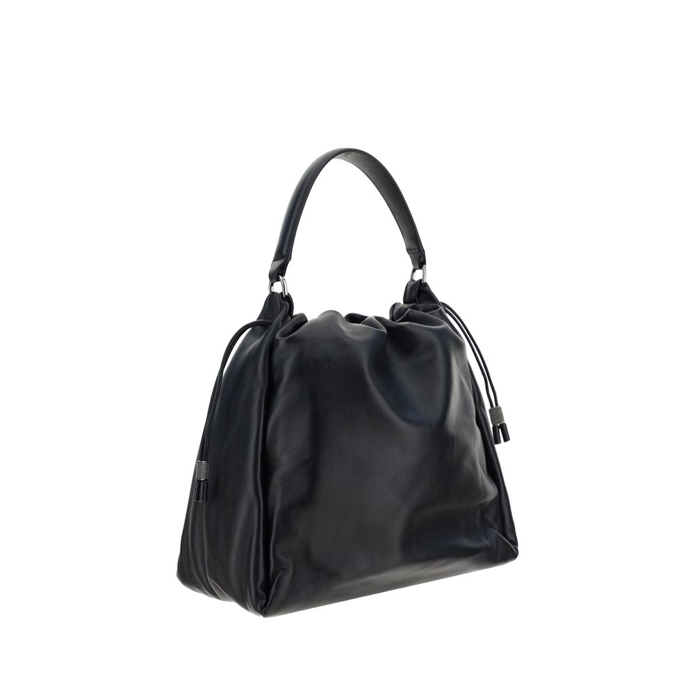 Brunello Cucinelli Schultertasche aus schwarzem Kalbsleder Bos Taurus